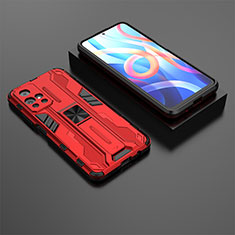 Silicone Matte Finish and Plastic Back Cover Case with Magnetic Stand KC1 for Xiaomi Poco M4 Pro 5G Red
