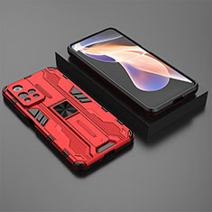 Silicone Matte Finish and Plastic Back Cover Case with Magnetic Stand KC1 for Xiaomi Poco X4 NFC Red