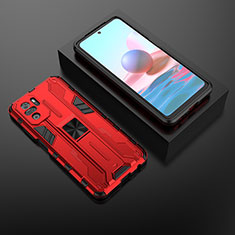 Silicone Matte Finish and Plastic Back Cover Case with Magnetic Stand KC1 for Xiaomi Redmi Note 10 4G Red