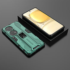 Silicone Matte Finish and Plastic Back Cover Case with Magnetic Stand KC2 for Huawei P50 Green