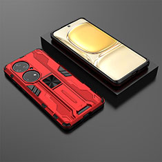 Silicone Matte Finish and Plastic Back Cover Case with Magnetic Stand KC2 for Huawei P50 Red