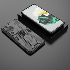 Silicone Matte Finish and Plastic Back Cover Case with Magnetic Stand KC2 for Huawei P60 Black