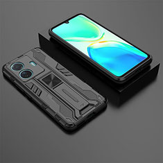 Silicone Matte Finish and Plastic Back Cover Case with Magnetic Stand KC2 for Vivo T1 5G Black