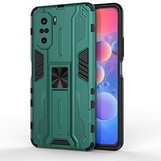 Silicone Matte Finish and Plastic Back Cover Case with Magnetic Stand KC2 for Xiaomi Poco F3 5G Green