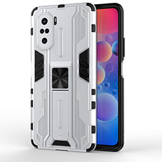 Silicone Matte Finish and Plastic Back Cover Case with Magnetic Stand KC2 for Xiaomi Poco F3 5G White