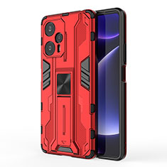 Silicone Matte Finish and Plastic Back Cover Case with Magnetic Stand KC2 for Xiaomi Poco F5 5G Red