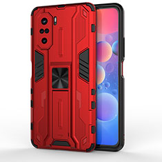 Silicone Matte Finish and Plastic Back Cover Case with Magnetic Stand KC2 for Xiaomi Redmi K40 5G Red