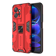 Silicone Matte Finish and Plastic Back Cover Case with Magnetic Stand KC2 for Xiaomi Redmi Note 12 4G Red