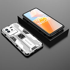 Silicone Matte Finish and Plastic Back Cover Case with Magnetic Stand KC3 for Vivo iQOO Neo6 SE 5G White