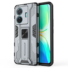 Silicone Matte Finish and Plastic Back Cover Case with Magnetic Stand KC3 for Vivo iQOO Z6 Pro 5G Gray