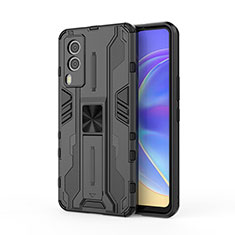 Silicone Matte Finish and Plastic Back Cover Case with Magnetic Stand KC3 for Vivo V21e 5G Black