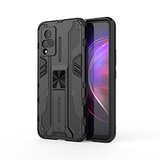 Silicone Matte Finish and Plastic Back Cover Case with Magnetic Stand KC3 for Vivo V21s 5G Black