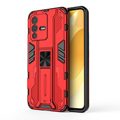 Silicone Matte Finish and Plastic Back Cover Case with Magnetic Stand KC3 for Vivo V23 5G Red