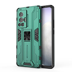 Silicone Matte Finish and Plastic Back Cover Case with Magnetic Stand KC3 for Vivo X70 Pro 5G Green