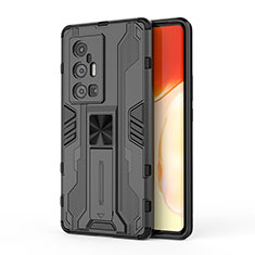 Silicone Matte Finish and Plastic Back Cover Case with Magnetic Stand KC3 for Vivo X70 Pro+ Plus 5G Black