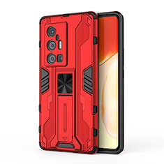 Silicone Matte Finish and Plastic Back Cover Case with Magnetic Stand KC3 for Vivo X70 Pro+ Plus 5G Red