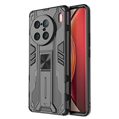 Silicone Matte Finish and Plastic Back Cover Case with Magnetic Stand KC3 for Vivo X90 Pro+ Plus 5G Black