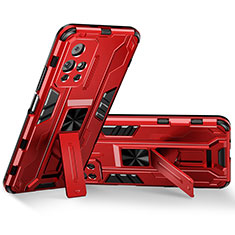 Silicone Matte Finish and Plastic Back Cover Case with Magnetic Stand KC3 for Xiaomi Poco M4 Pro 5G Red