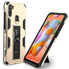 Silicone Matte Finish and Plastic Back Cover Case with Magnetic Stand MQ1 for Samsung Galaxy A11 Gold