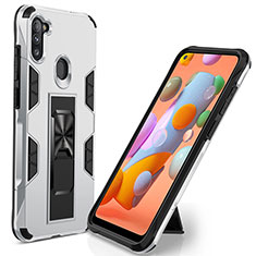 Silicone Matte Finish and Plastic Back Cover Case with Magnetic Stand MQ1 for Samsung Galaxy A11 Silver