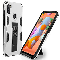 Silicone Matte Finish and Plastic Back Cover Case with Magnetic Stand MQ1 for Samsung Galaxy A11 White