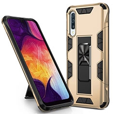 Silicone Matte Finish and Plastic Back Cover Case with Magnetic Stand MQ1 for Samsung Galaxy A30S Gold