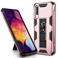 Silicone Matte Finish and Plastic Back Cover Case with Magnetic Stand MQ1 for Samsung Galaxy A50 Rose Gold
