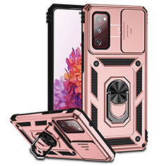 Silicone Matte Finish and Plastic Back Cover Case with Magnetic Stand Q01W for Samsung Galaxy S20 FE (2022) 5G Rose Gold