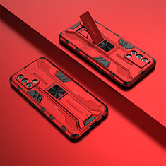 Silicone Matte Finish and Plastic Back Cover Case with Magnetic Stand T01 for Oppo A74 4G Red