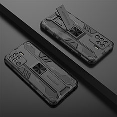 Silicone Matte Finish and Plastic Back Cover Case with Magnetic Stand T01 for Oppo F19 Pro Black