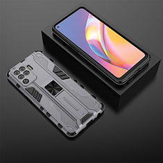 Silicone Matte Finish and Plastic Back Cover Case with Magnetic Stand T02 for Oppo F19 Pro Gray