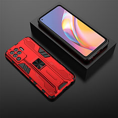 Silicone Matte Finish and Plastic Back Cover Case with Magnetic Stand T02 for Oppo F19 Pro Red