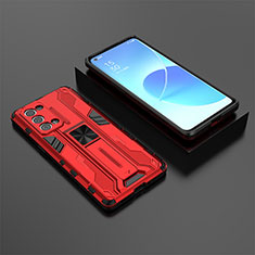 Silicone Matte Finish and Plastic Back Cover Case with Magnetic Stand T02 for Oppo Reno6 Pro+ Plus 5G Red