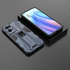 Silicone Matte Finish and Plastic Back Cover Case with Magnetic Stand T02 for Oppo Reno7 Pro 5G Blue