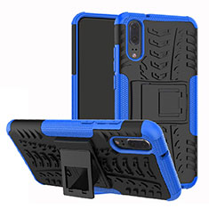 Silicone Matte Finish and Plastic Back Cover Case with Stand A01 for Huawei P20 Blue