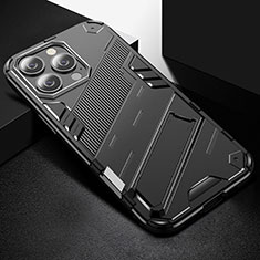 Silicone Matte Finish and Plastic Back Cover Case with Stand A05 for Apple iPhone 15 Pro Max Black