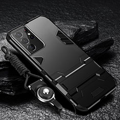 Silicone Matte Finish and Plastic Back Cover Case with Stand A05 for Samsung Galaxy S21 Ultra 5G Black