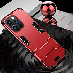 Silicone Matte Finish and Plastic Back Cover Case with Stand A06 for Apple iPhone 15 Pro Red