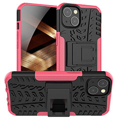 Silicone Matte Finish and Plastic Back Cover Case with Stand A07 for Apple iPhone 15 Plus Hot Pink