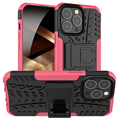 Silicone Matte Finish and Plastic Back Cover Case with Stand A07 for Apple iPhone 15 Pro Hot Pink