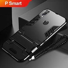 Silicone Matte Finish and Plastic Back Cover Case with Stand for Huawei P Smart (2019) Black