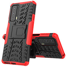 Silicone Matte Finish and Plastic Back Cover Case with Stand for Motorola Moto Edge 20 5G Red