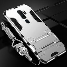 Silicone Matte Finish and Plastic Back Cover Case with Stand for Oppo A11X Silver