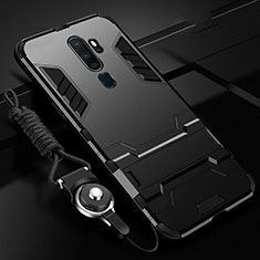 Silicone Matte Finish and Plastic Back Cover Case with Stand for Oppo A9 (2020) Black