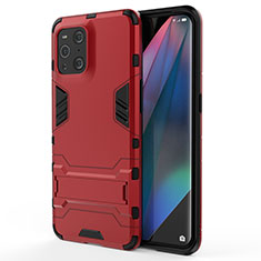 Silicone Matte Finish and Plastic Back Cover Case with Stand for Oppo Find X3 5G Red