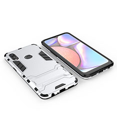 Silicone Matte Finish and Plastic Back Cover Case with Stand for Samsung Galaxy A10s Silver