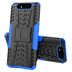 Silicone Matte Finish and Plastic Back Cover Case with Stand for Samsung Galaxy A90 4G Blue