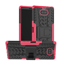 Silicone Matte Finish and Plastic Back Cover Case with Stand for Sony Xperia 10 Hot Pink