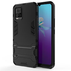 Silicone Matte Finish and Plastic Back Cover Case with Stand for Vivo V20 Black