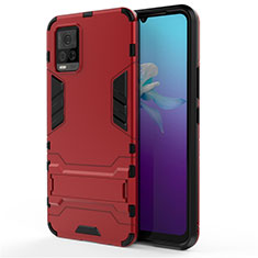 Silicone Matte Finish and Plastic Back Cover Case with Stand for Vivo V20 Red